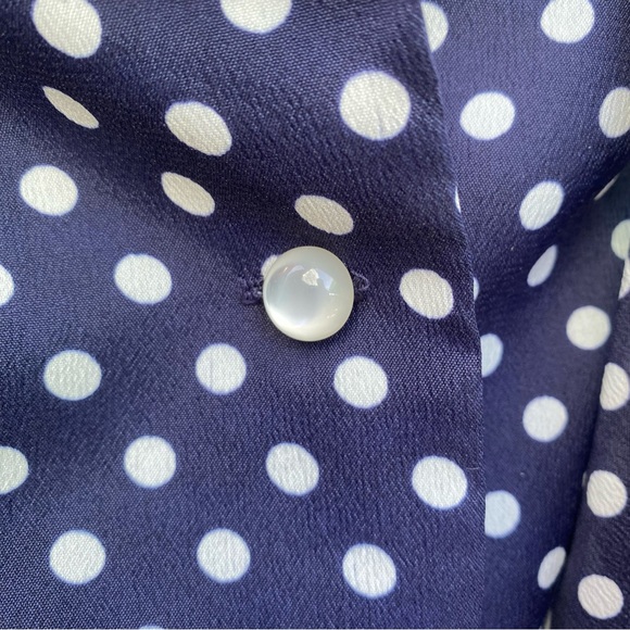 Vintage blue and white polka dot dress, long sleeve, bow at neck, buttons, M/L - Picture 8 of 13